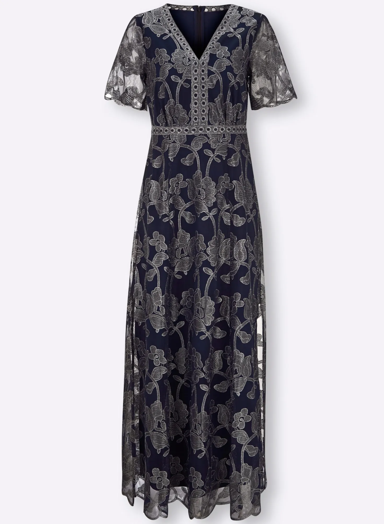 Abendkleid mit glänzender Blütenstickerei