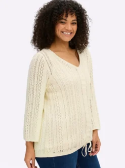 Ajourpullover mit Bindeband am Saum