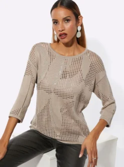Ajourpullover mit glänzenden Ziersteinchen