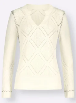 Ajourpullover mit Kontrast-Ziernähten