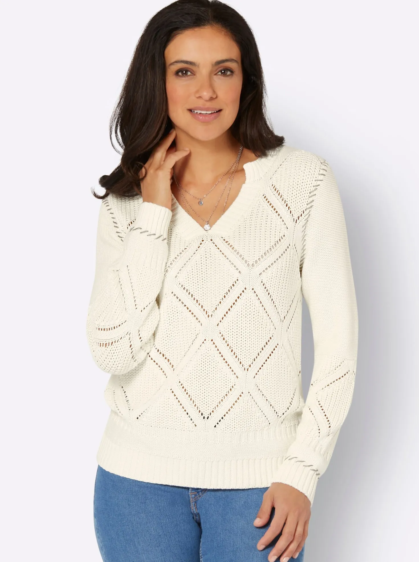 Ajourpullover mit Kontrast-Ziernähten