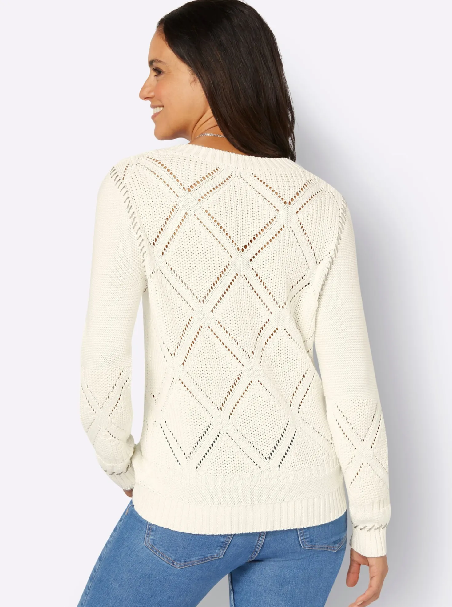 Ajourpullover mit Kontrast-Ziernähten