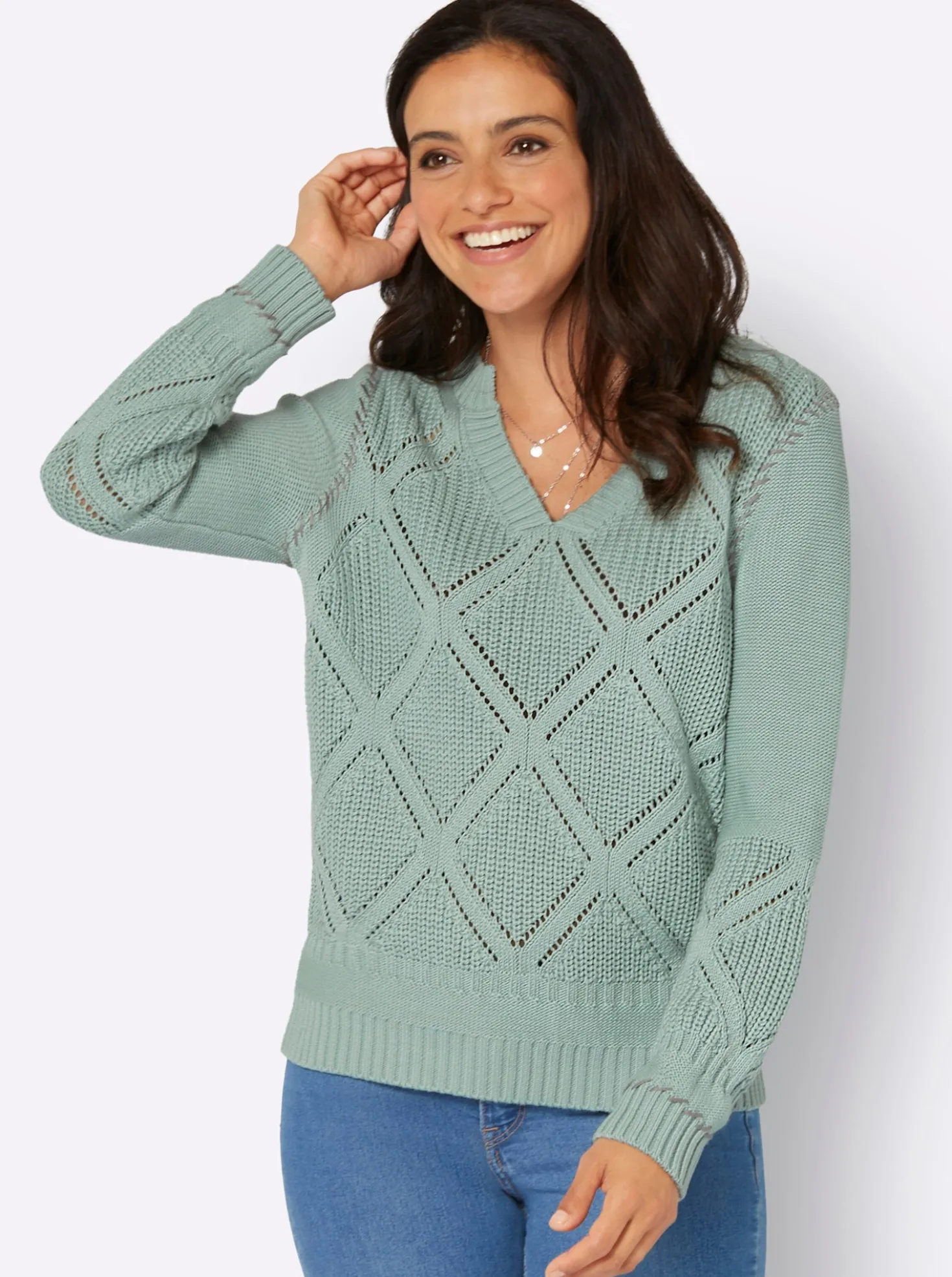 Ajourpullover mit Kontrast-Ziernähten