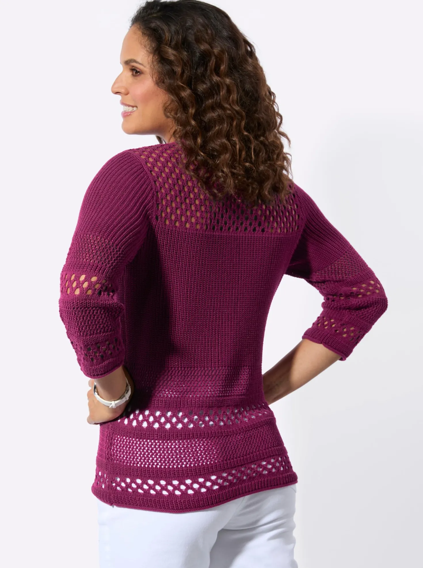 Ajourpullover mit Rollkanten