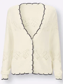Ajourstrickjacke mit kontrastfarbigen Kanten