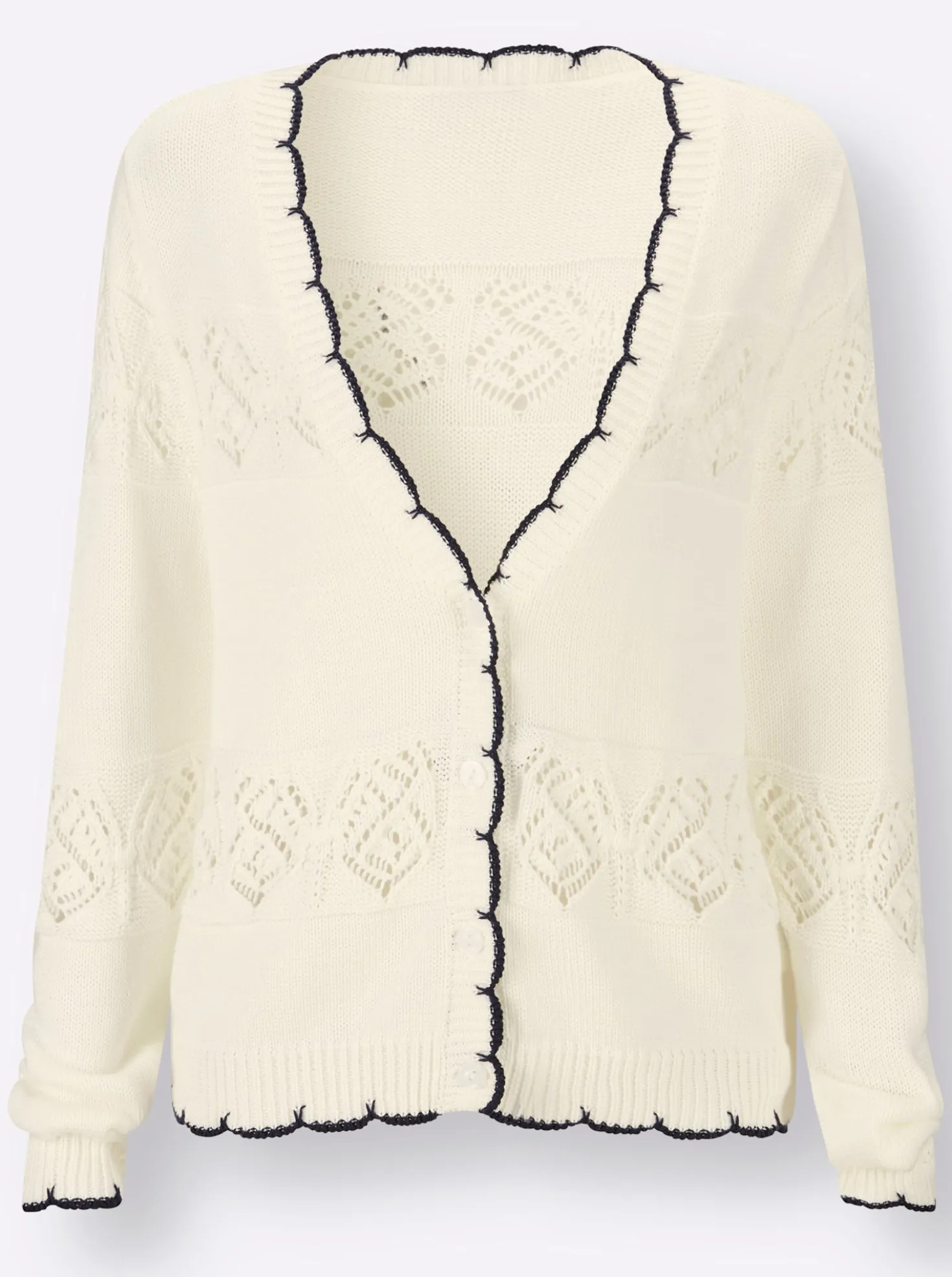 Ajourstrickjacke mit kontrastfarbigen Kanten
