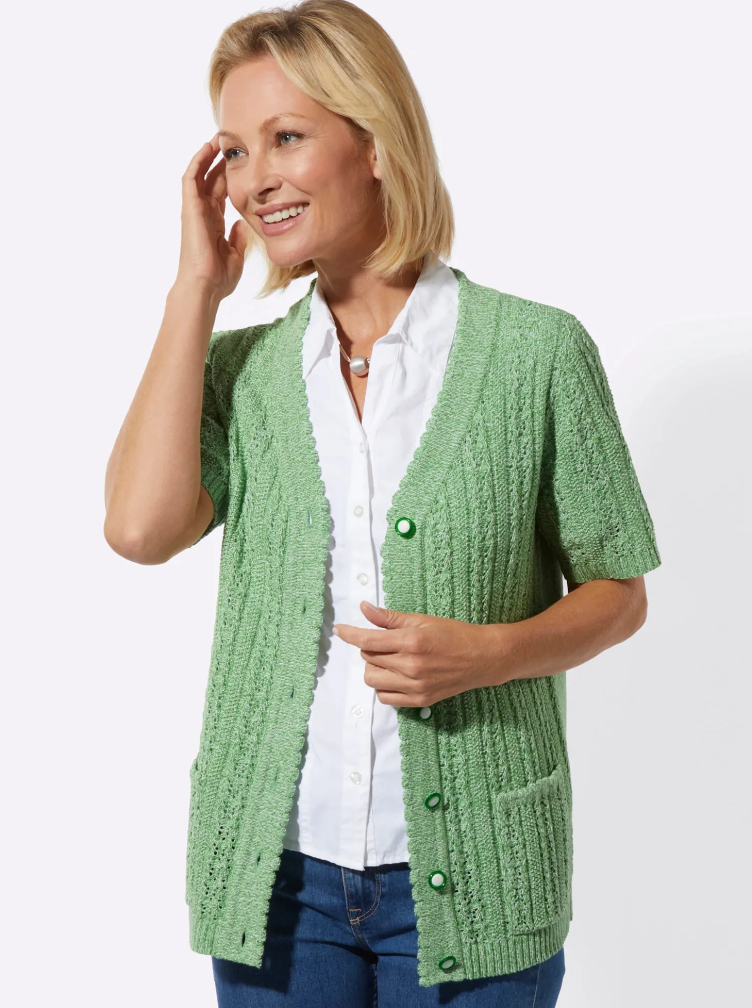 Ajourstrickjacke mit Taschen, aufgesetzt