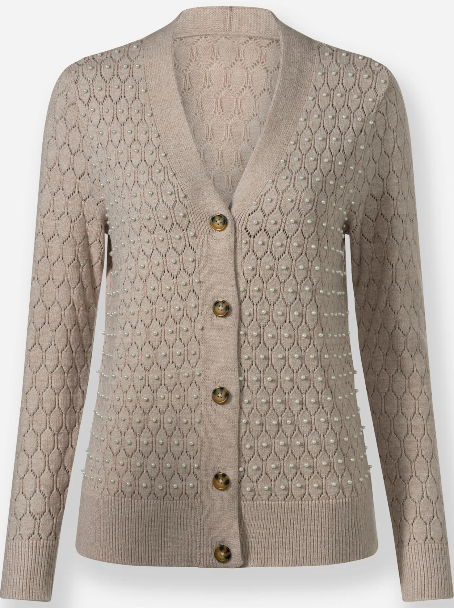 Ajourstrickjacke mit Zierperlen
