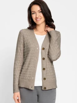 Ajourstrickjacke mit Zierperlen
