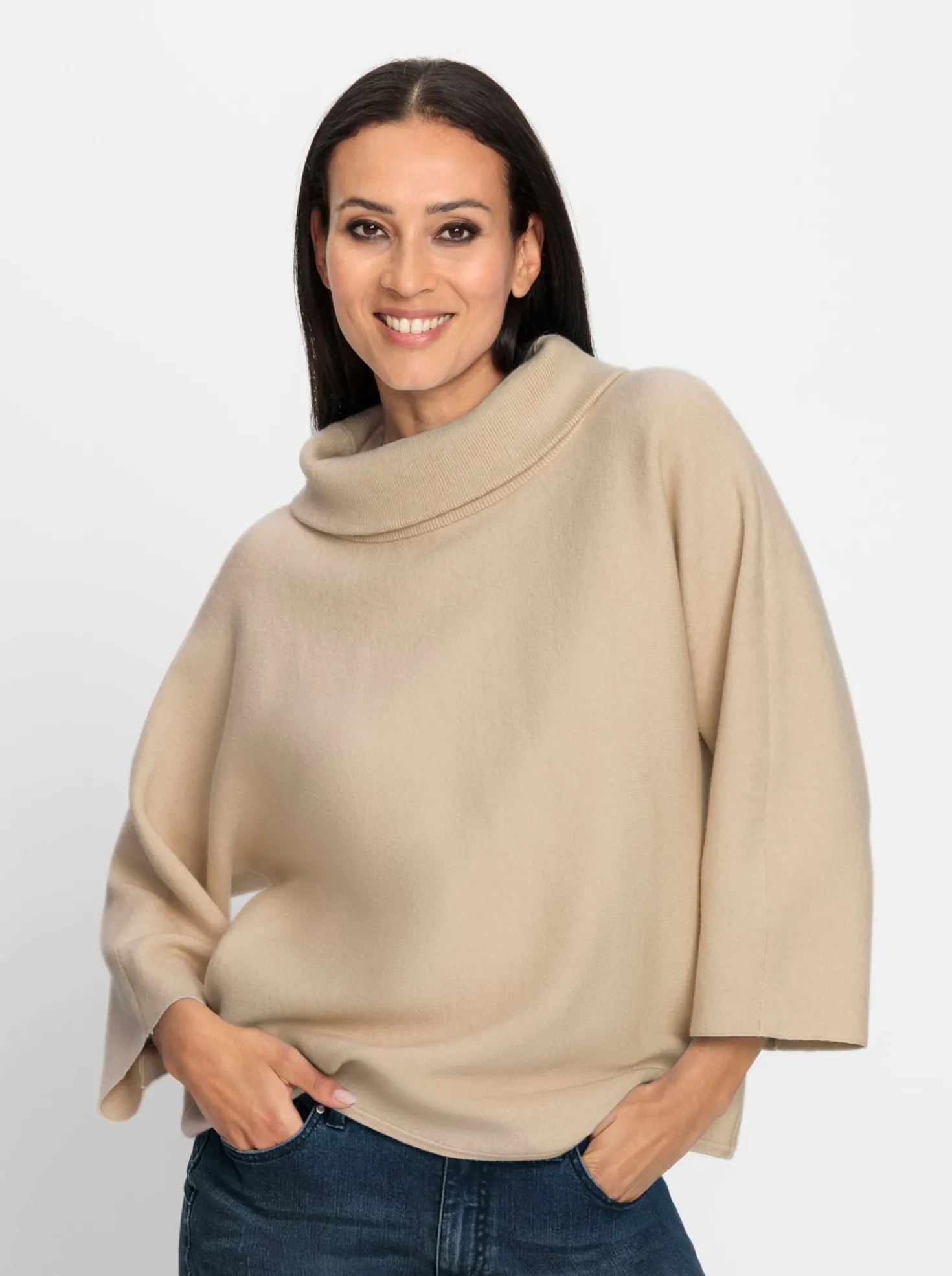 3/4-Arm-Pullover mit halsfernem Rollkragen