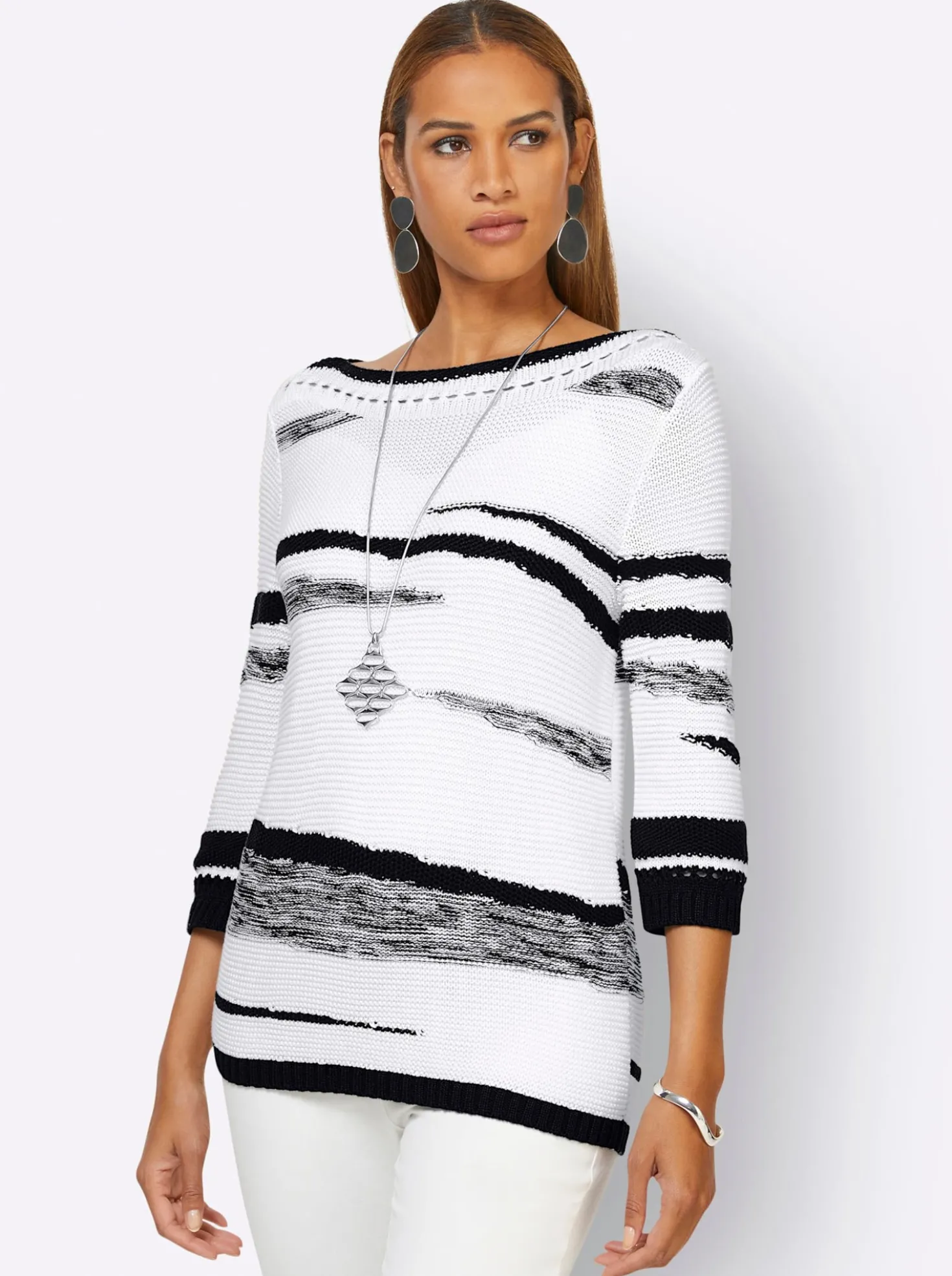 3/4-Arm-Pullover mit Lochmuster