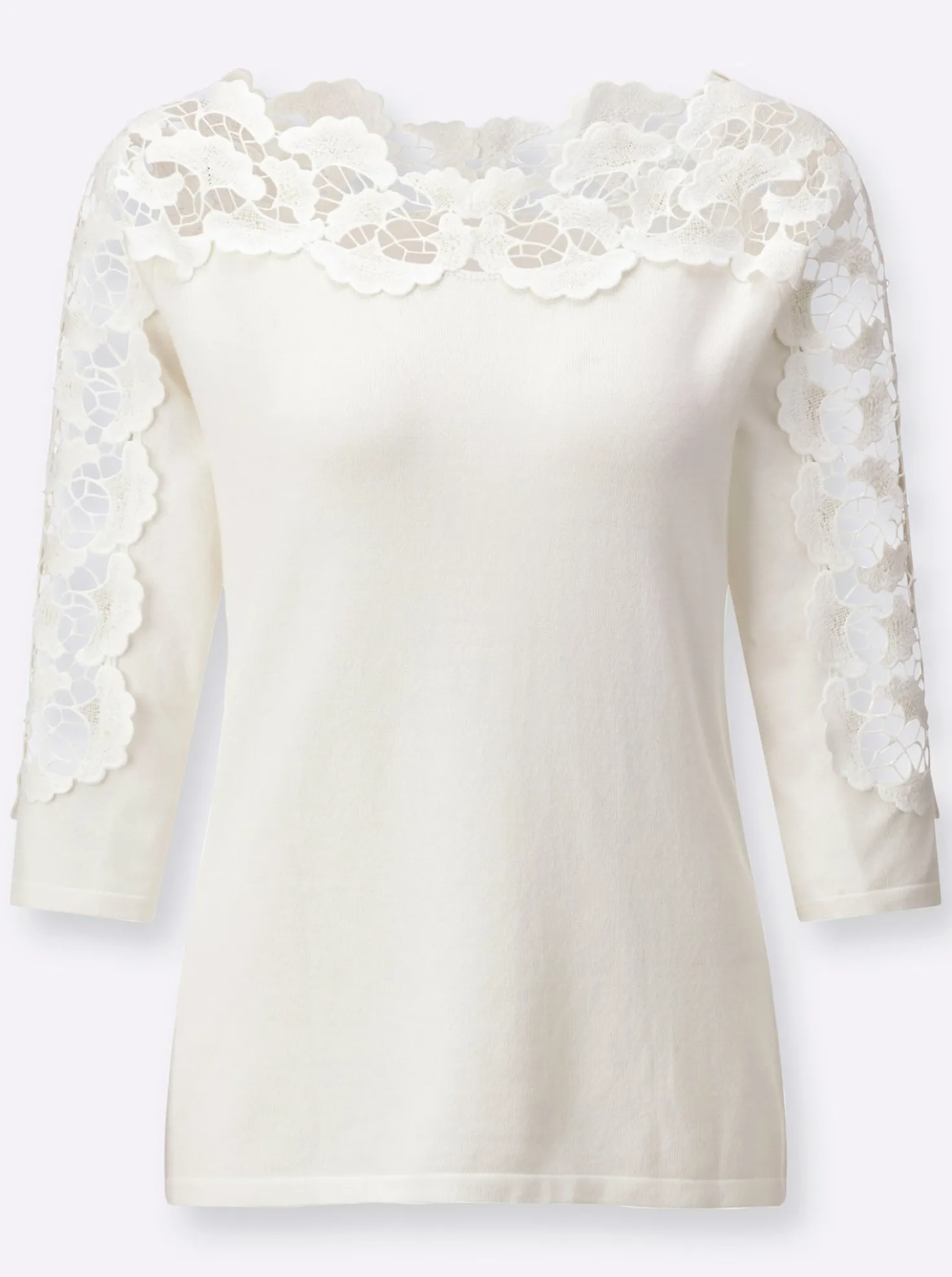 3/4-Arm-Pullover mit Spitzenverzierung
