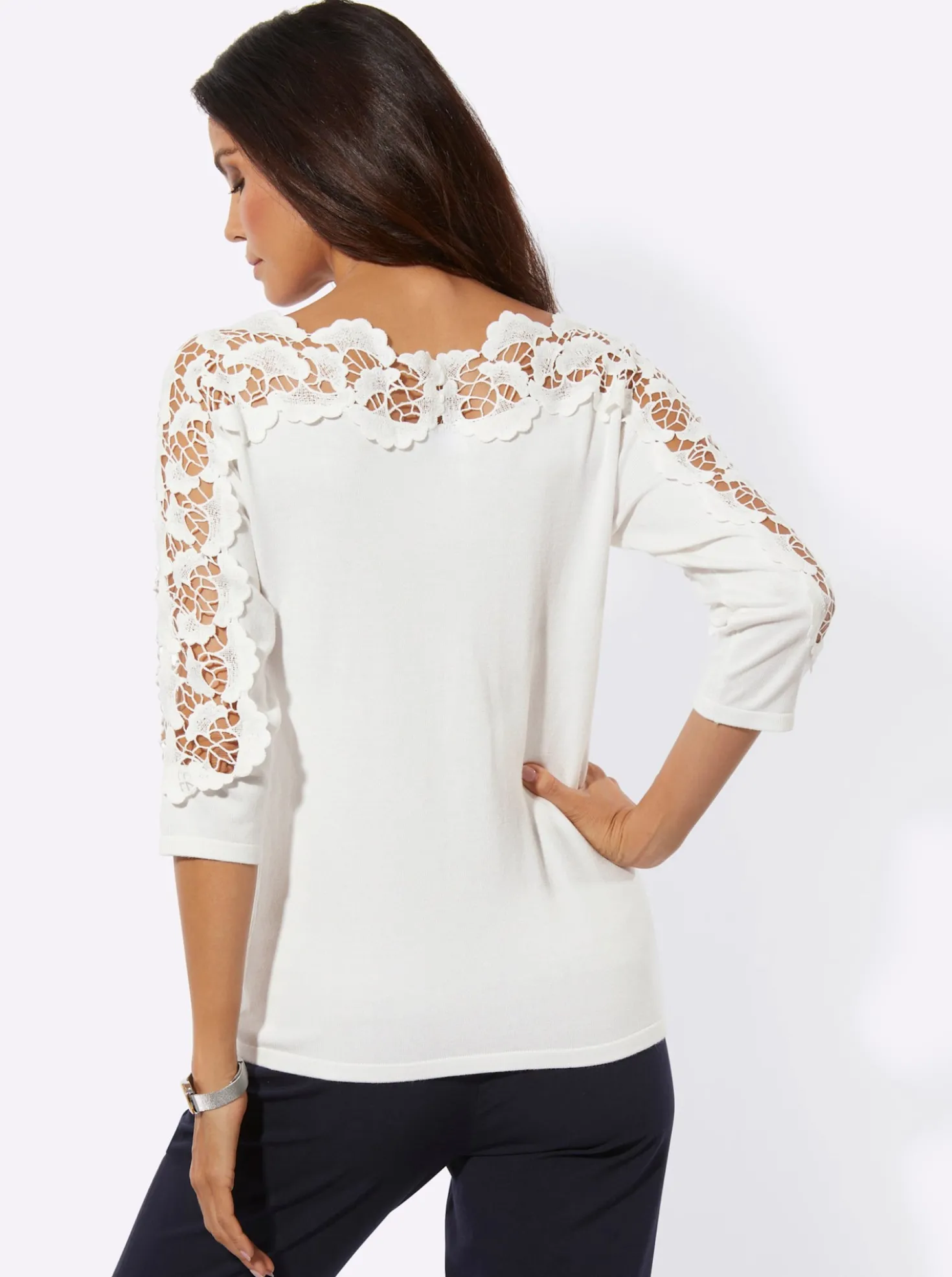 3/4-Arm-Pullover mit Spitzenverzierung