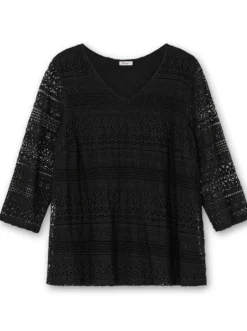 3/4-Arm-Shirt aus elastischer Spitze, gefüttert