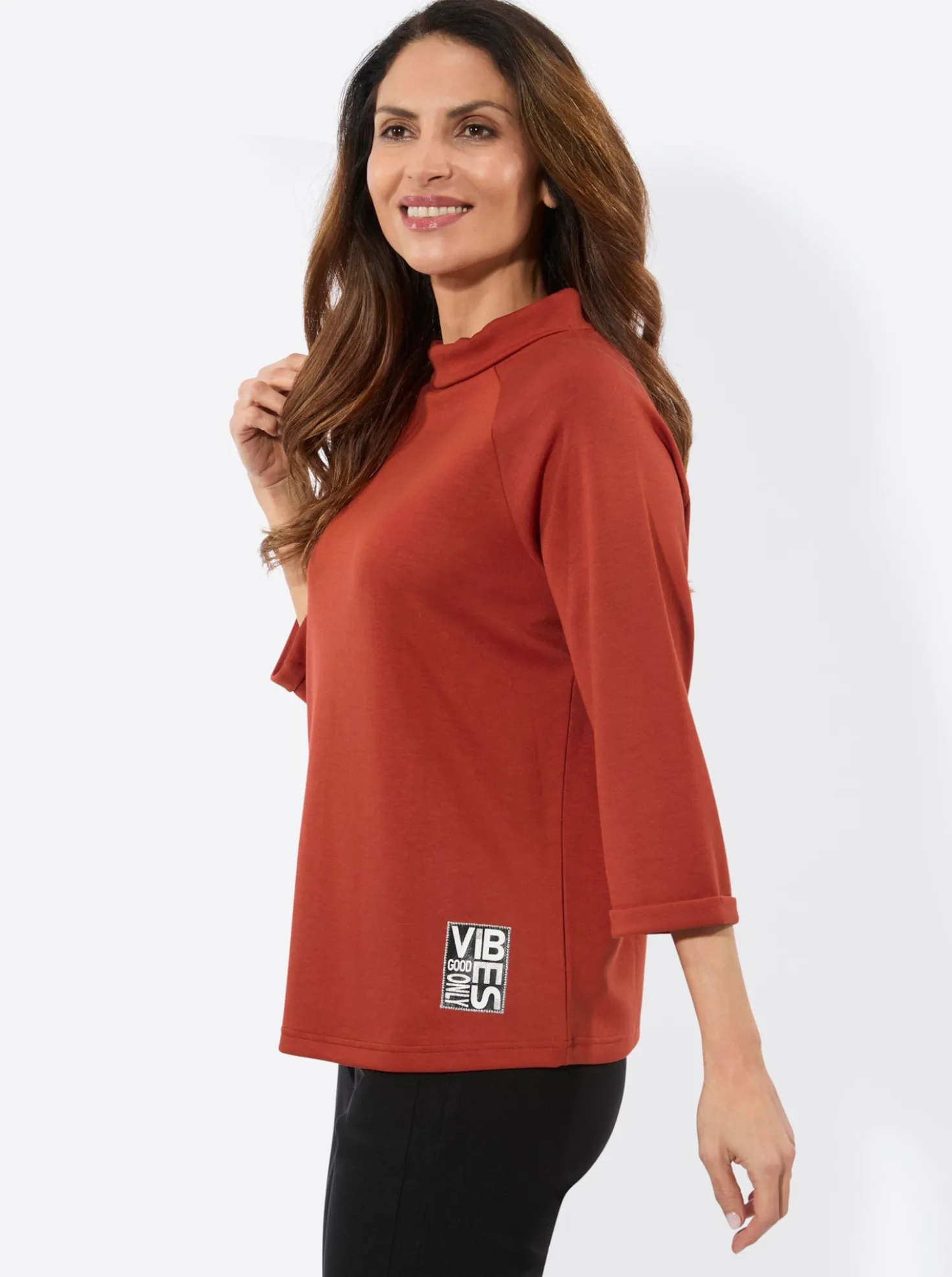 3/4-Arm-Shirt mit halsfernem Rollkragen