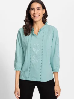 3/4-Arm-Shirt mit Rüschen am Ausschnitt