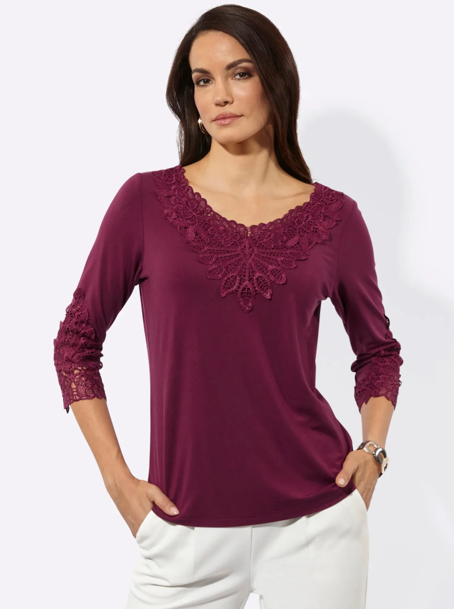 3/4-Arm-Shirt mit Spitzen-Akzenten