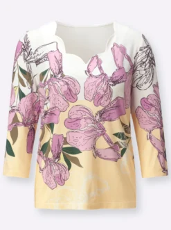 3/4-Arm-Shirt mit Wellenkante am Ausschnitt
