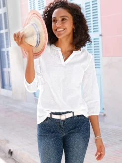 Baumwollbluse mit Ton-in-Ton-Stickerei