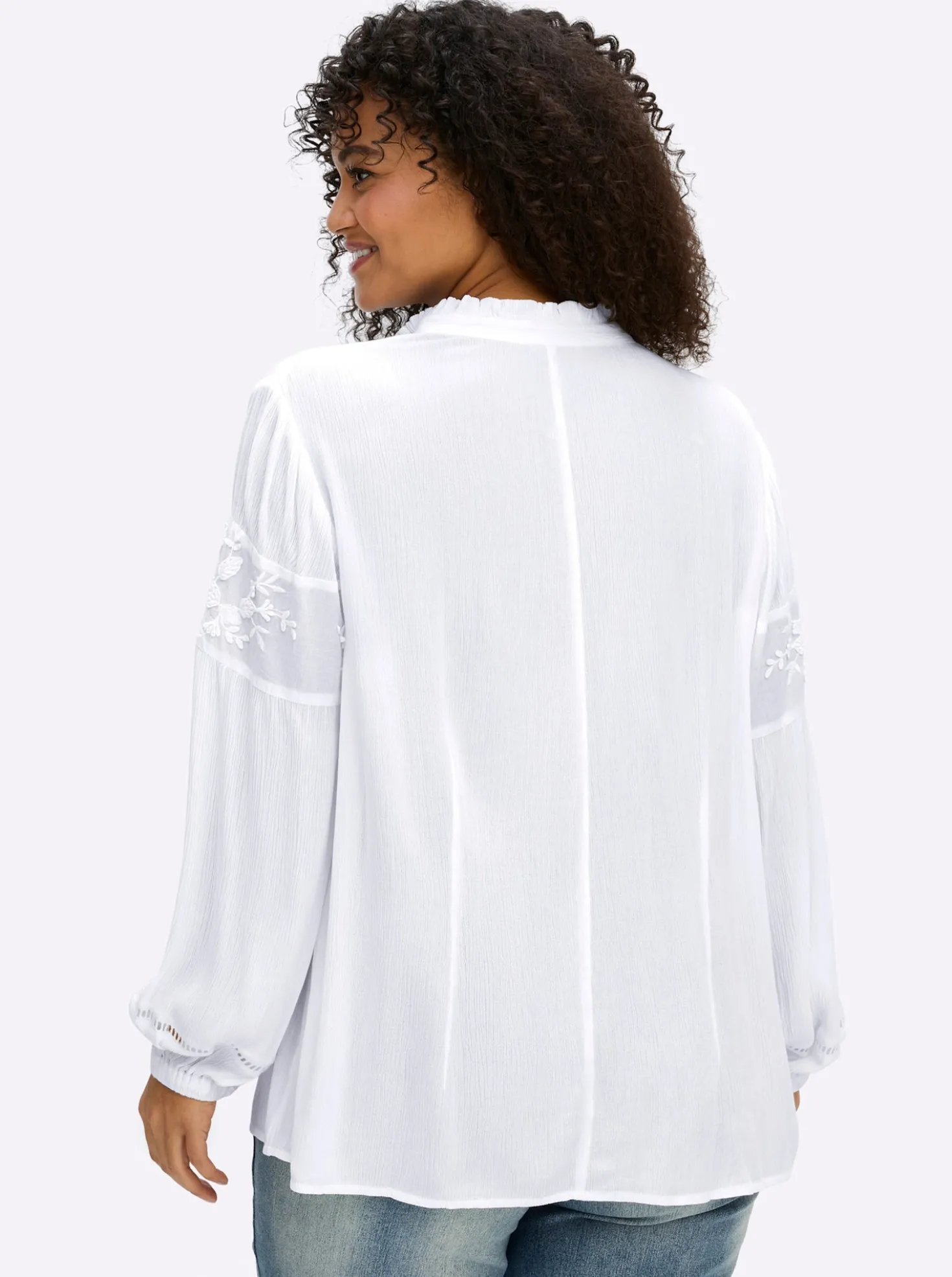 Bluse mit Stehkragen und Blüten-Stickereien