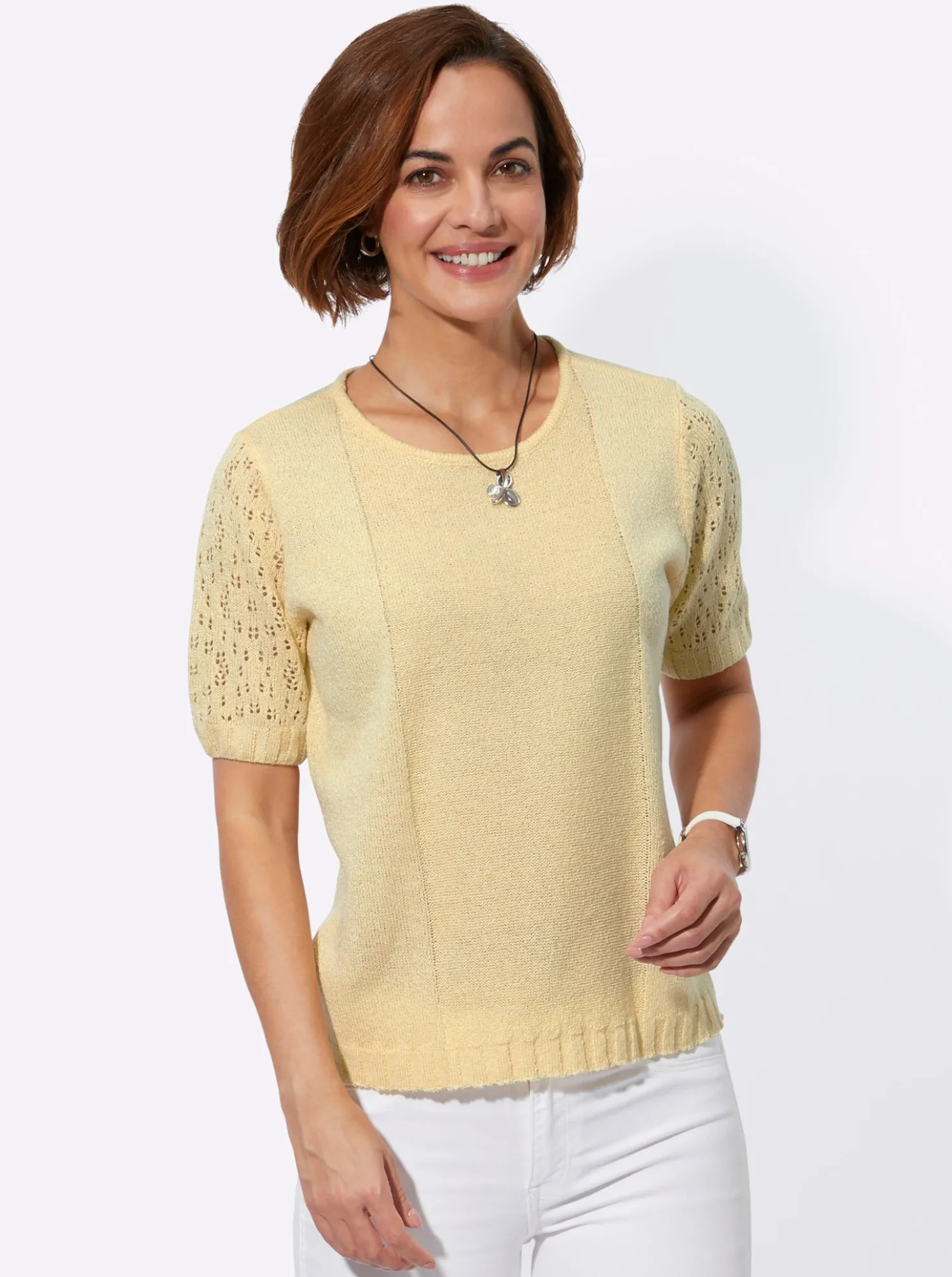 Bouclé-Pullover mit Ajourmuster-Ärmeln