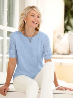 Bouclé-Pullover mit Ajourmuster-Ärmeln
