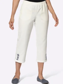 Caprihose mit Blumenstickerei am Beinabschluss