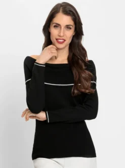 Carmenpullover mit Kontraststreifen