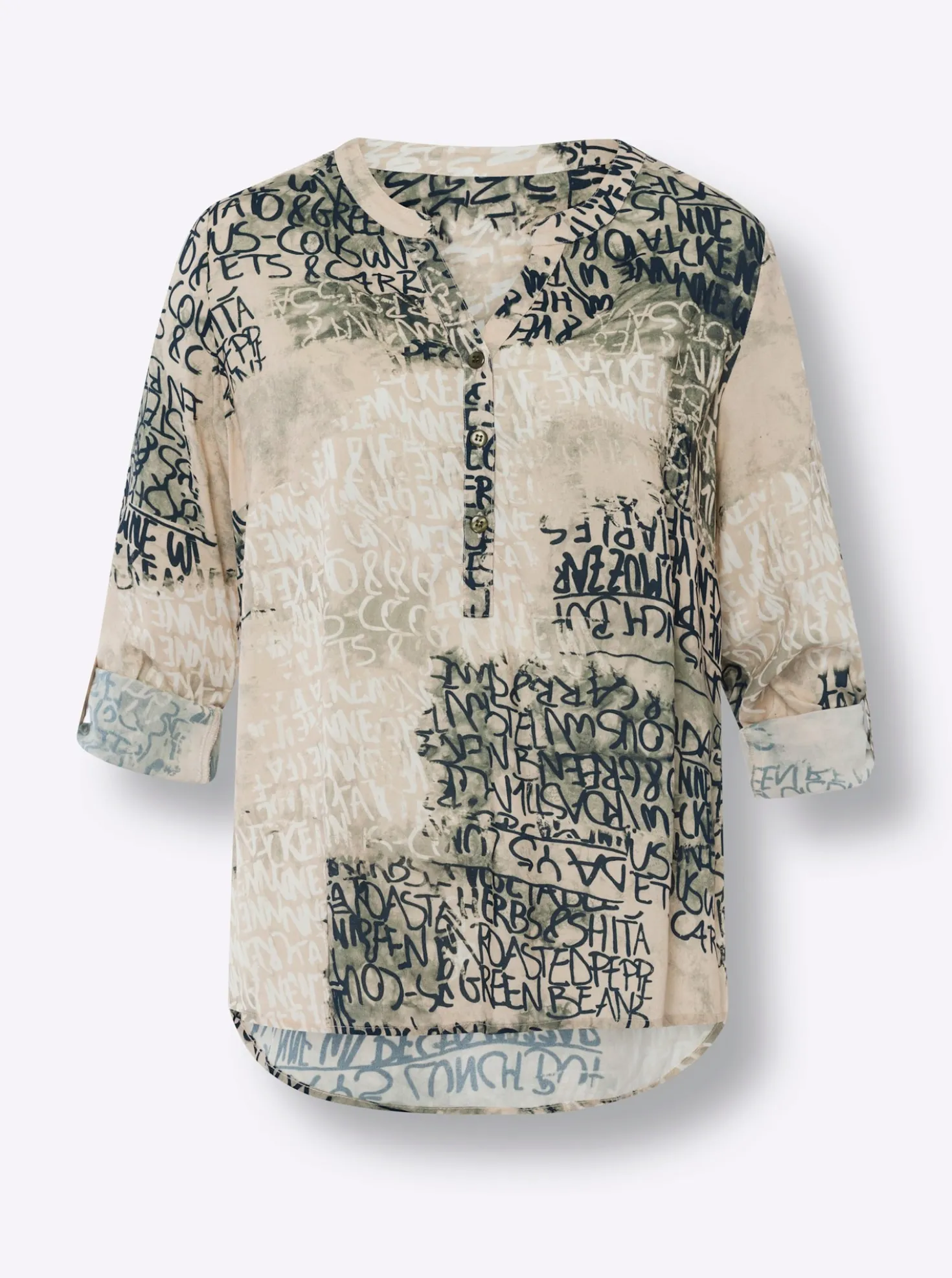 Druckbluse , hinten modisch länger geschnitten