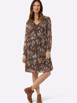 Druckkleid mit Smokabschluss an den Ärmeln