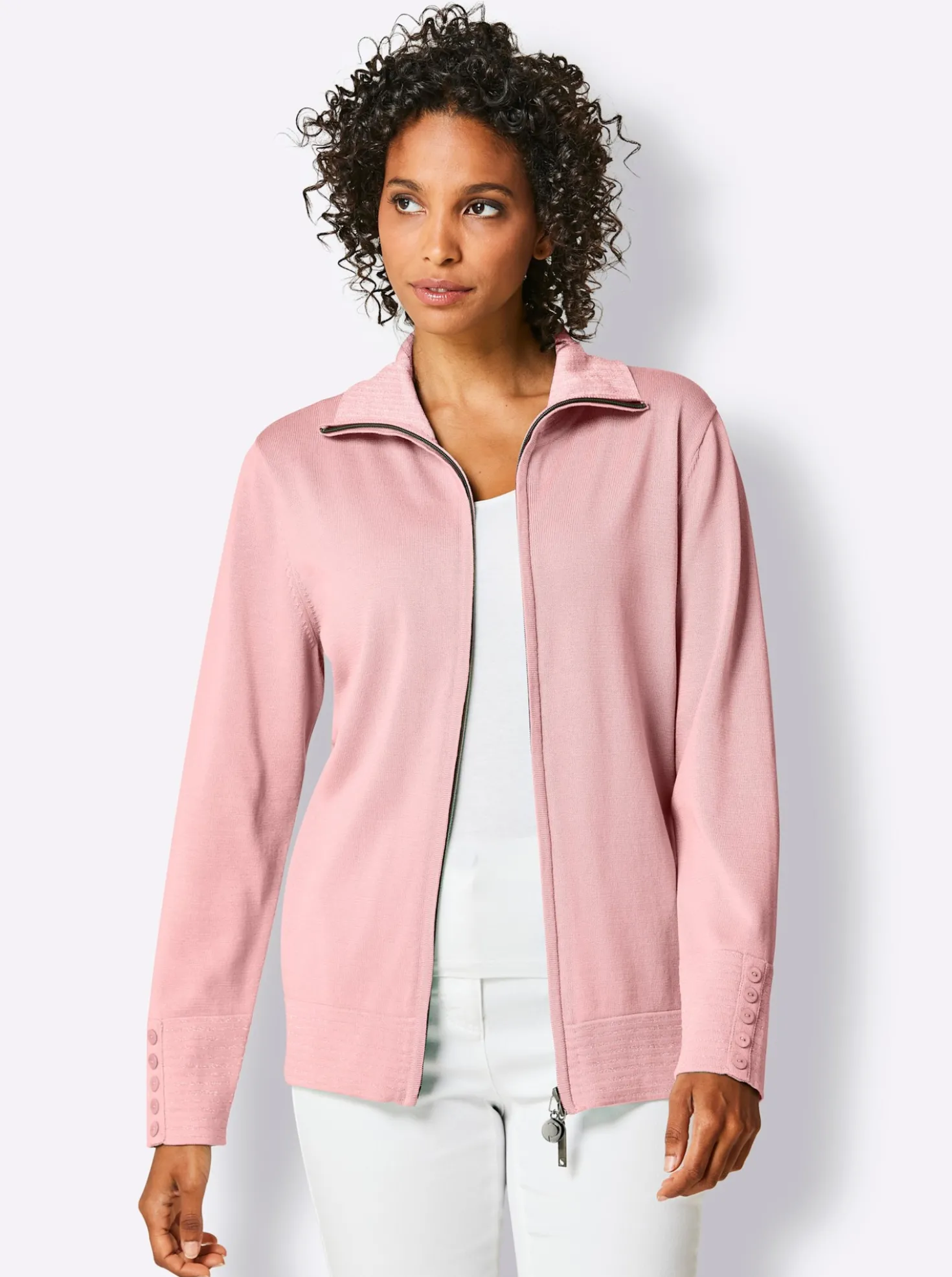 Feinstrickjacke mit gestreiften Abschlüssen