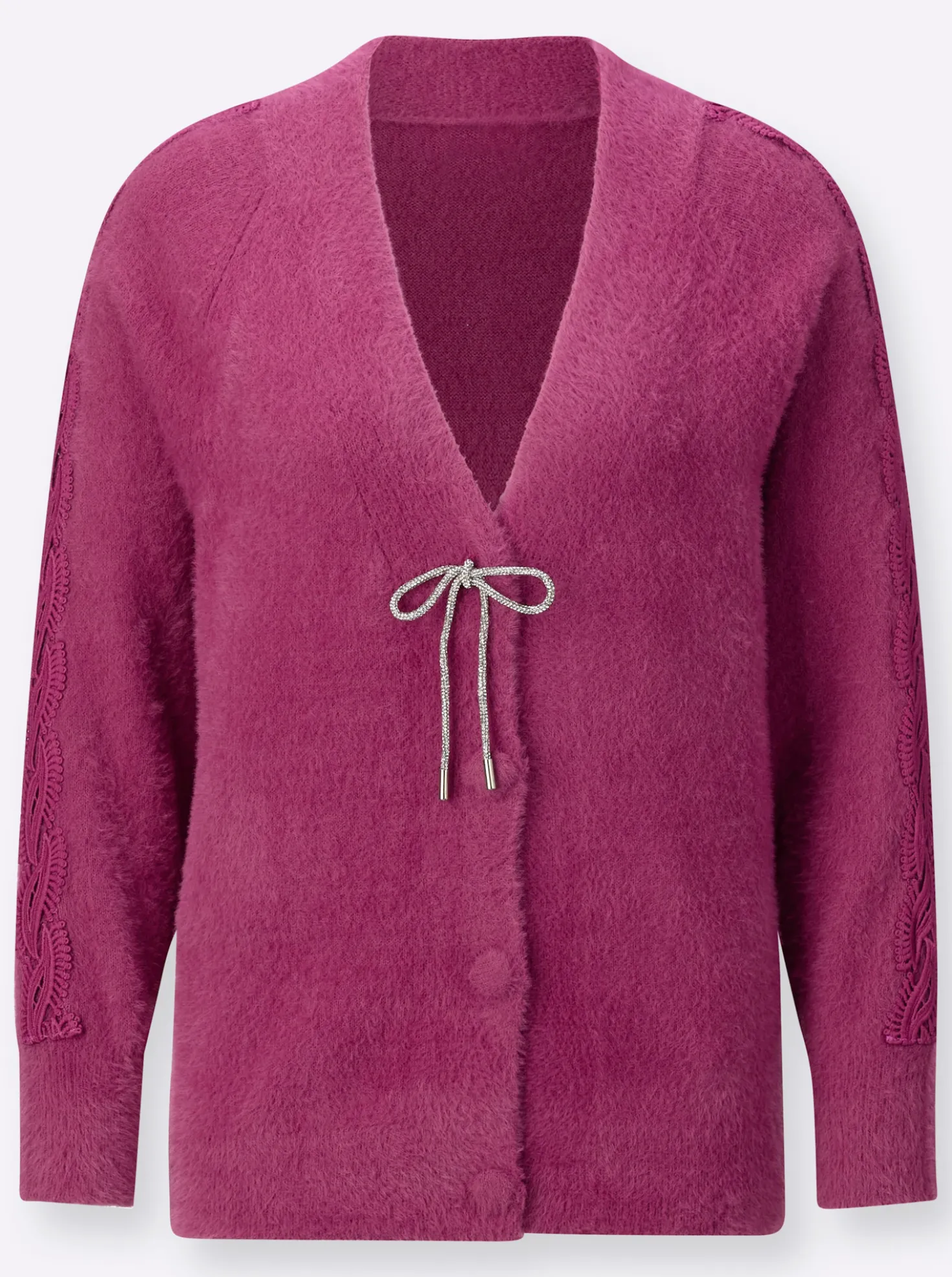Feinstrickjacke mit Spitzenband in Flecht-Optik