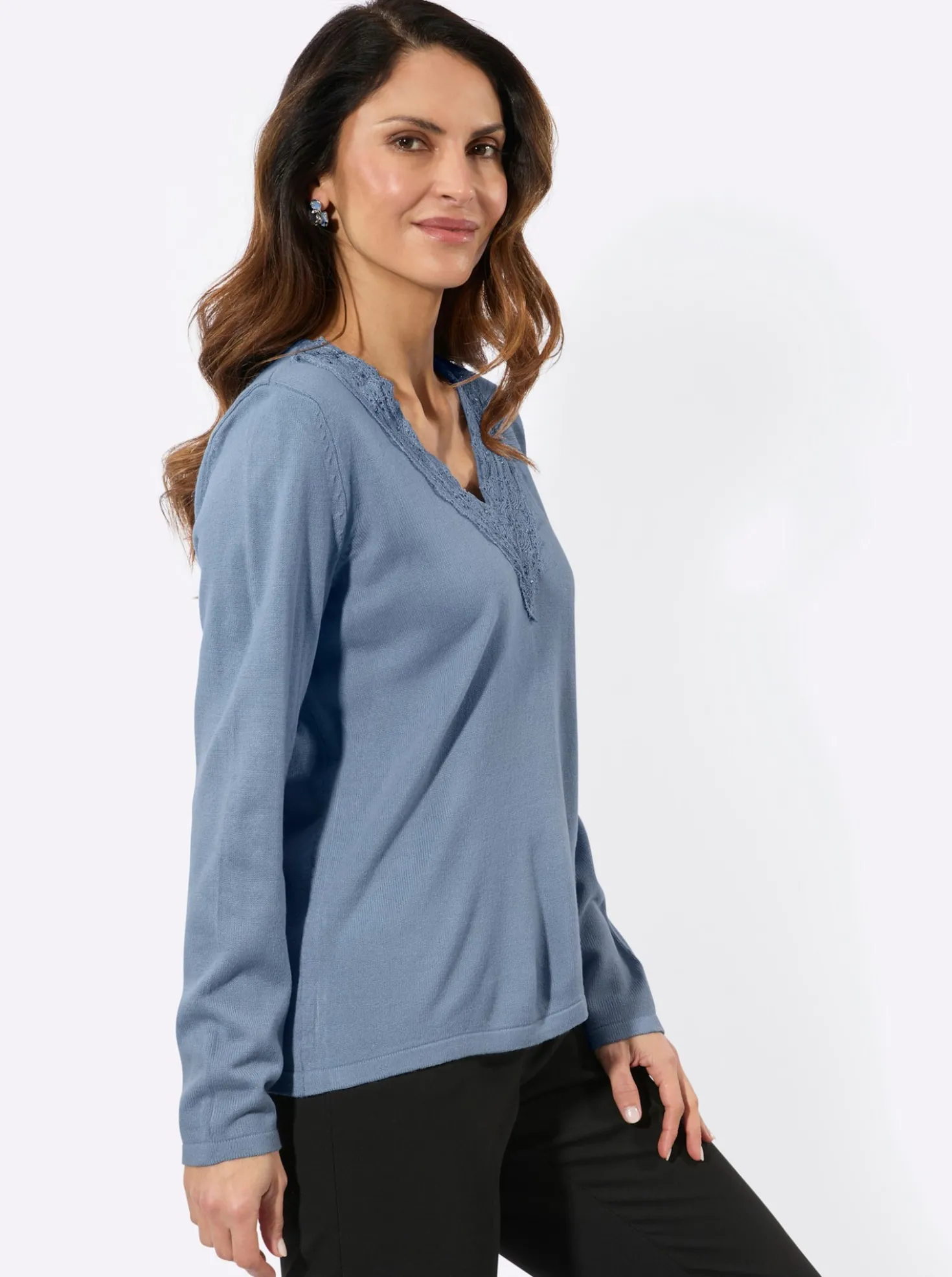 Feinstrickpullover mit Spitzenbesatz
