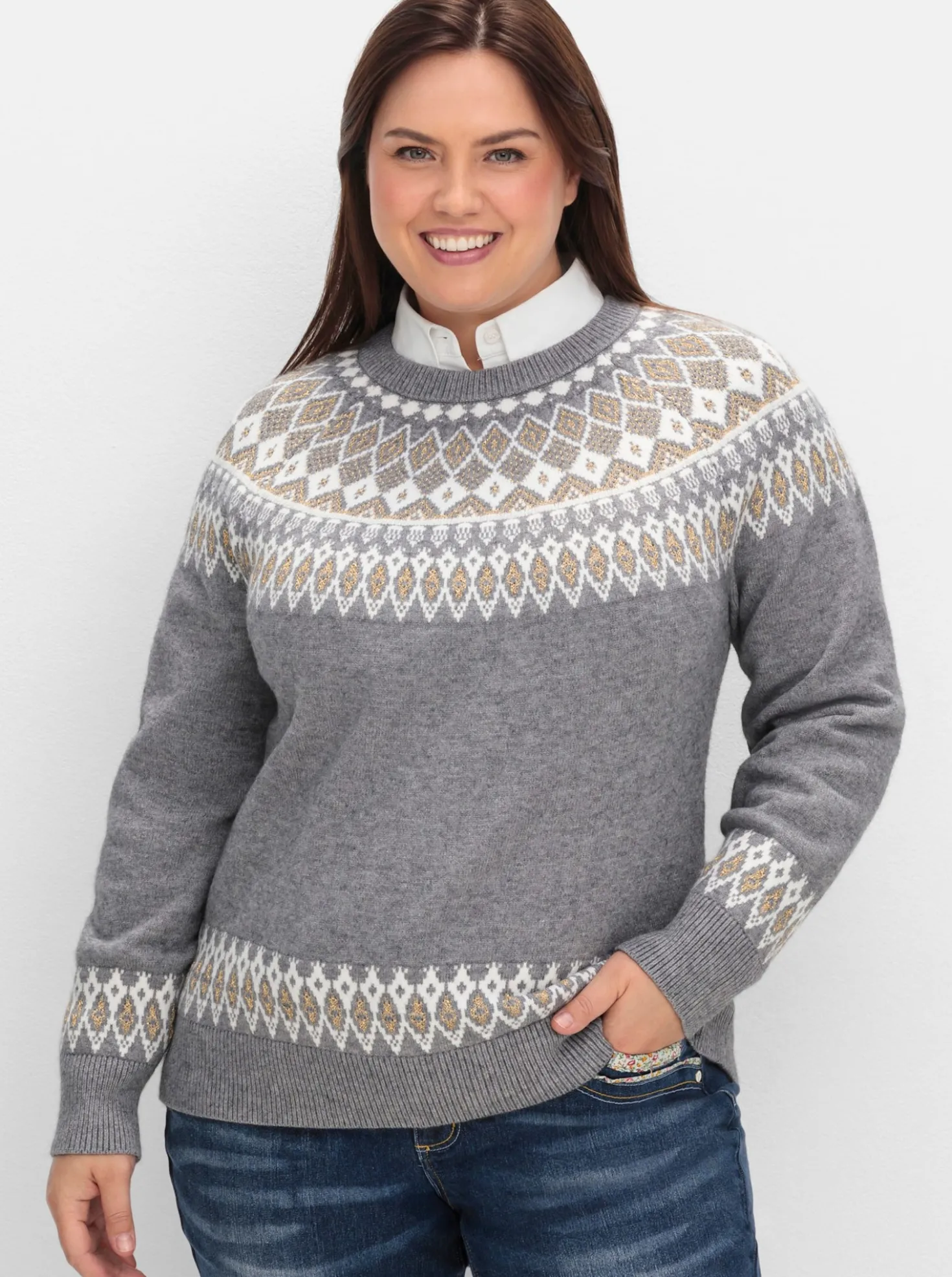 Jacquard-Pullover mit goldfarbenem Glanzgarn