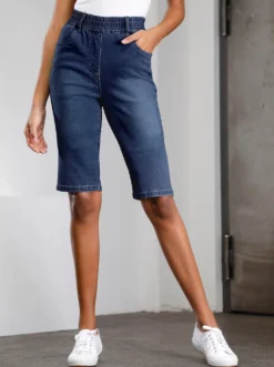 Jeansbermudas mit hohem Rundum-Dehnbund