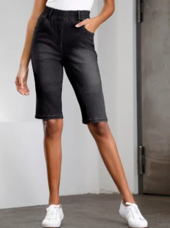 Jeansbermudas mit hohem Rundum-Dehnbund