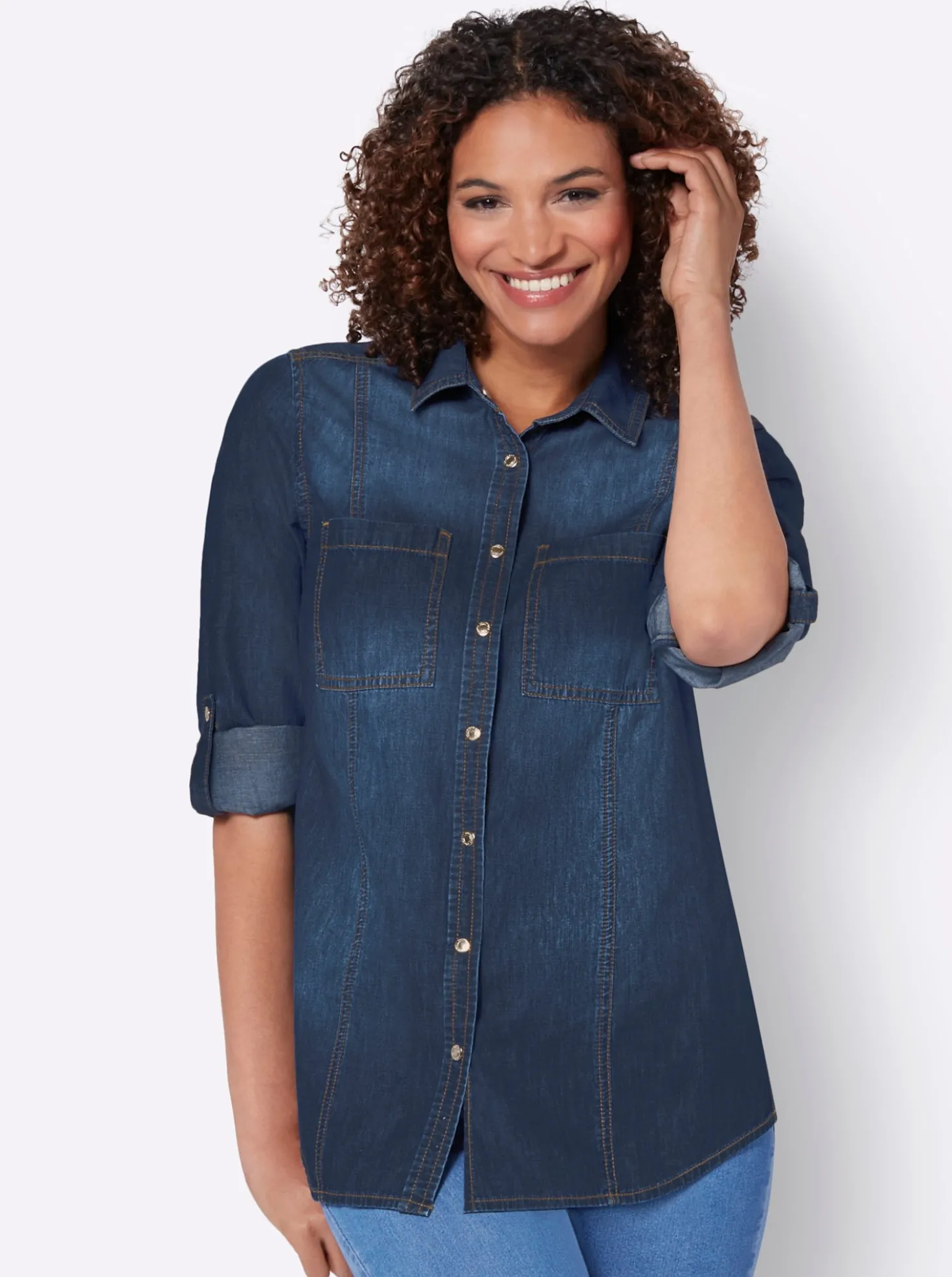 Jeansbluse mit abgerundetem Saum