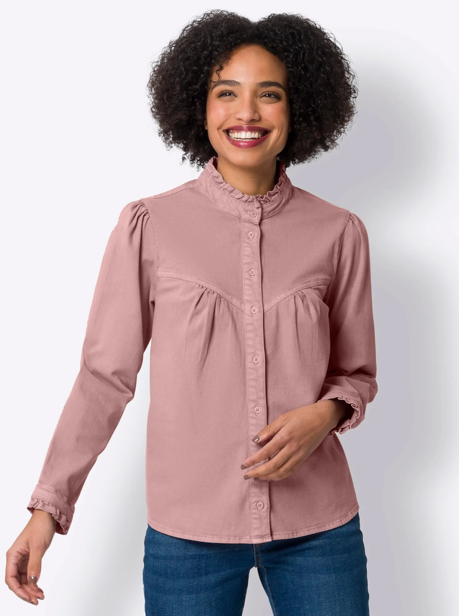 Jeansbluse mit Rüschen