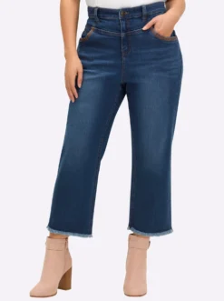 7/8-Jeans mit High-Waist-Bund und Fransensaum