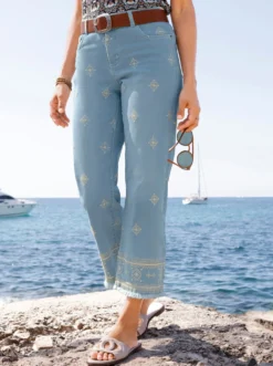 7/8-Jeans mit Kontrast-Stickerei
