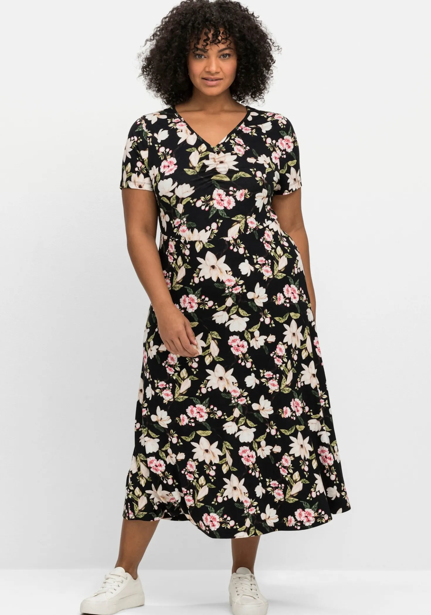 Jerseykleid mit Blumendruck, Midilänge