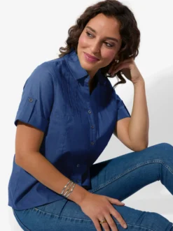 Kurzarm-Bluse im Baumwoll-Leinen-Mix