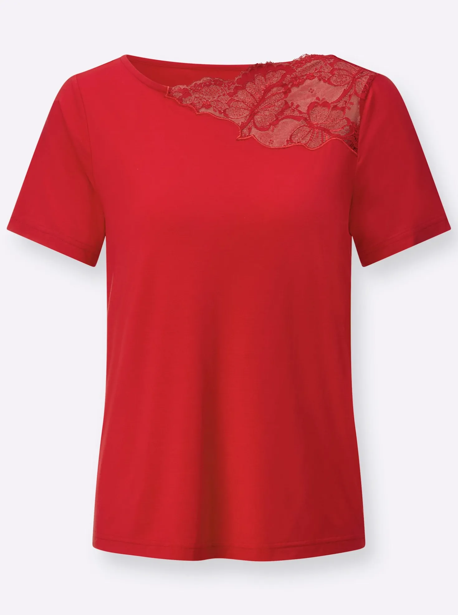 Kurzarmshirt mit asymmetrischem Spitzen-Einsatz