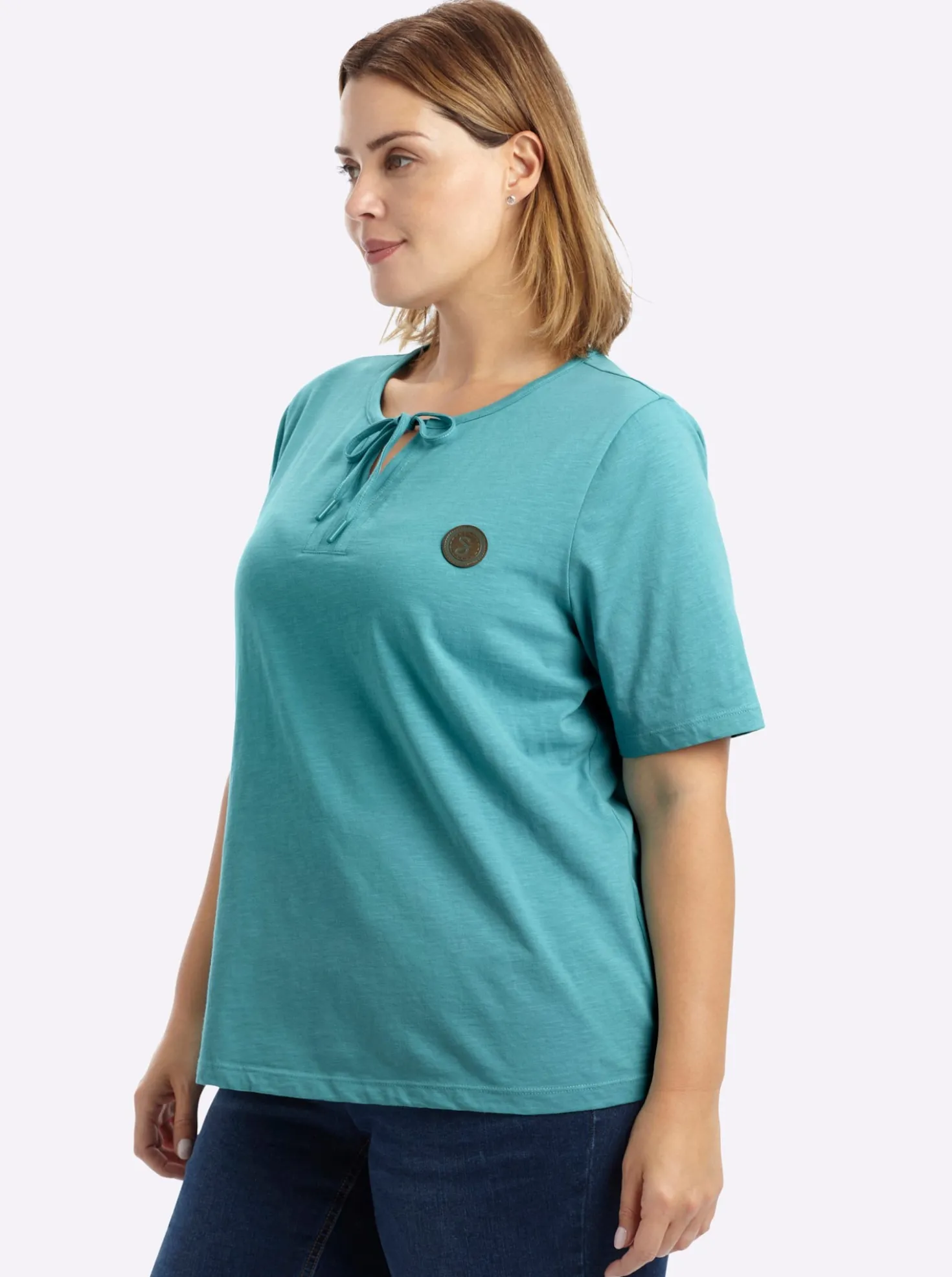 Kurzarmshirt mit Bindeband am Ausschnitt