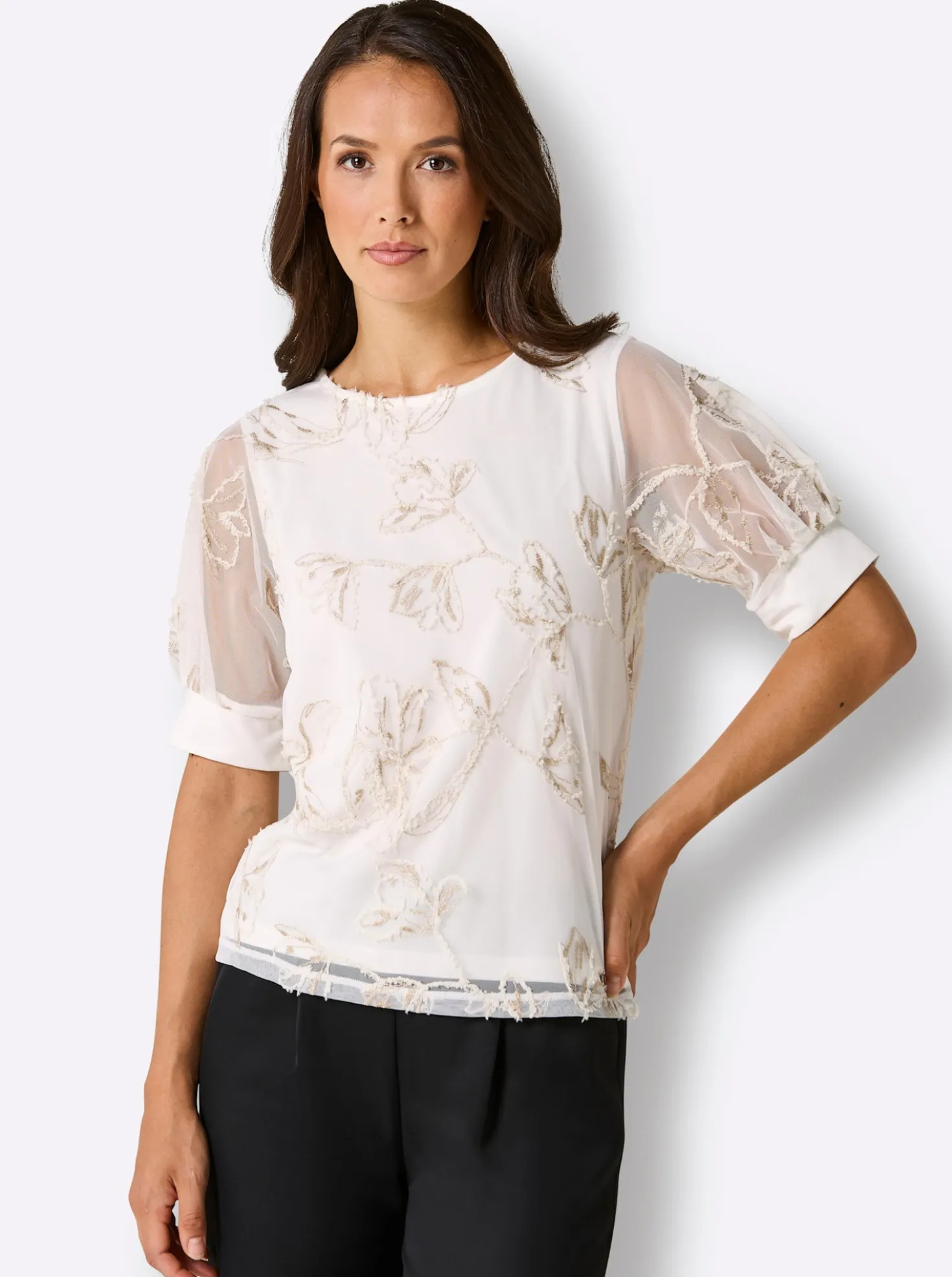 Kurzarmshirt mit glitzernder Stickerei