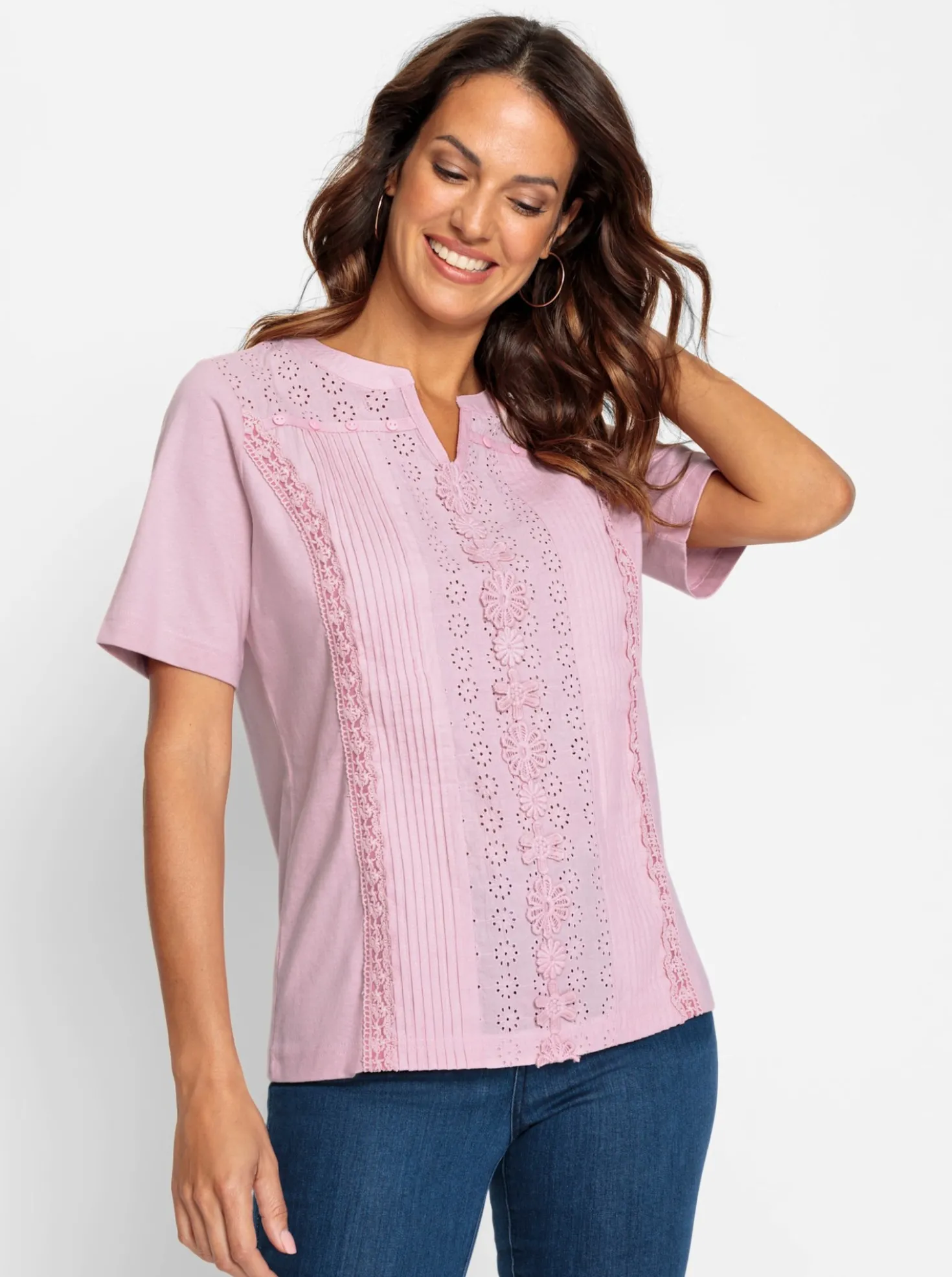Kurzarmshirt mit Madeira-Spitze