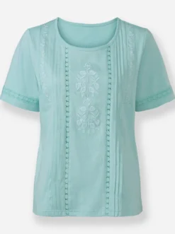 Kurzarmshirt mit Stickerei und Biesen