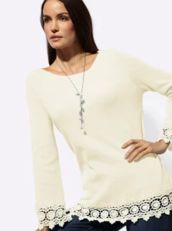 Langarm-Pullover mit Spitzenbordüre