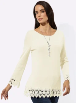 Langarm-Pullover mit Spitzenbordüre