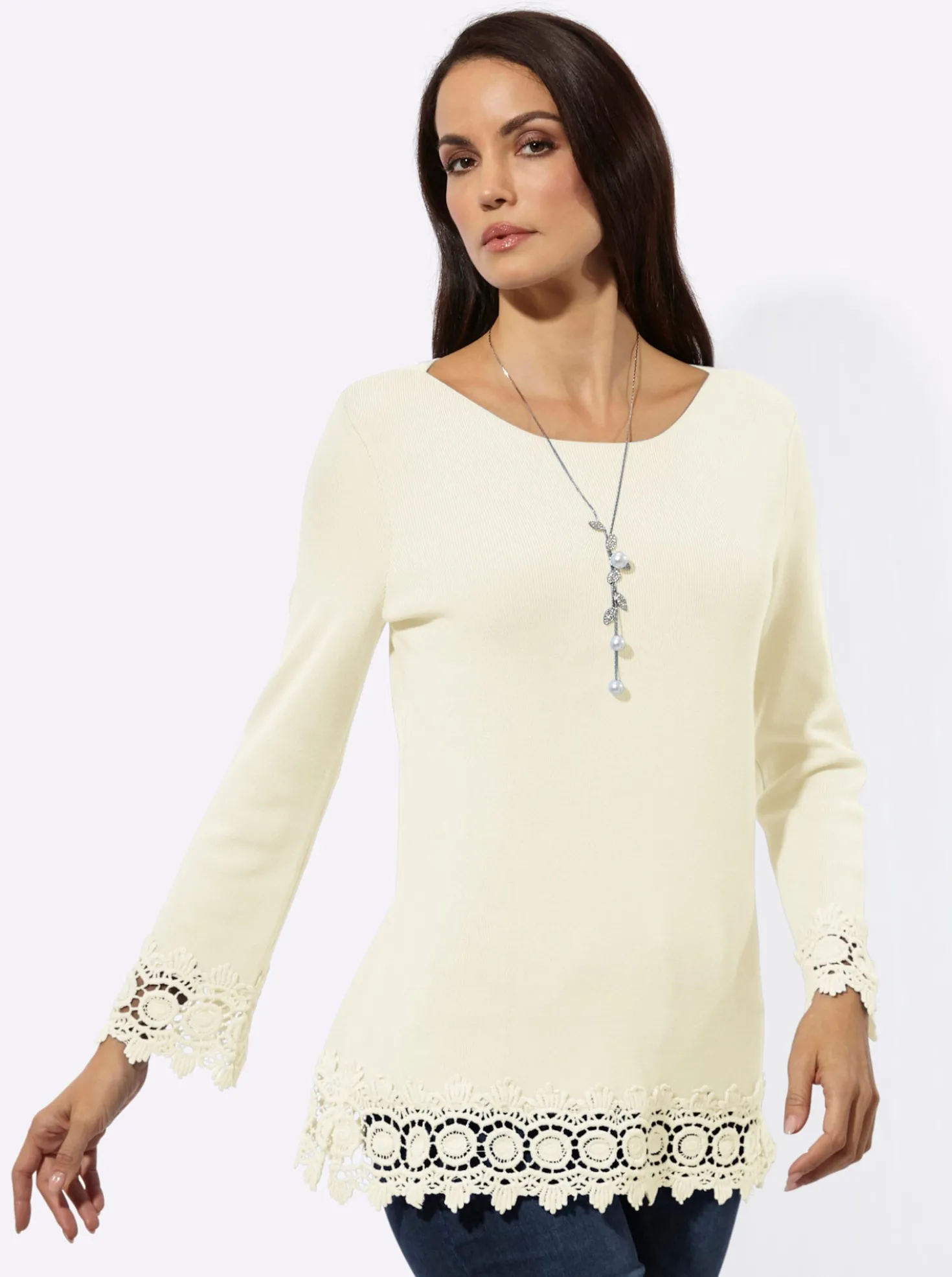Langarm-Pullover mit Spitzenbordüre